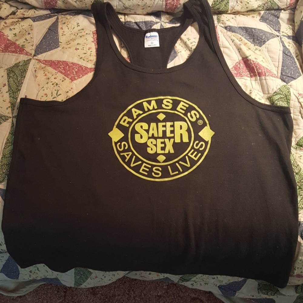 Sleeveless t-shirt w/ "SAFER SEX SAVES LIVES"